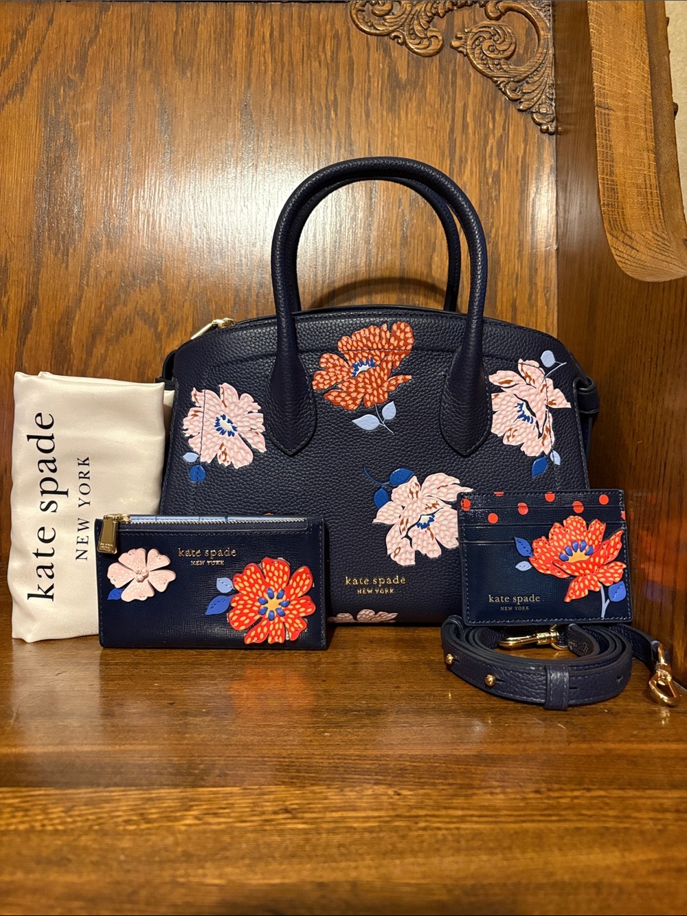 NWT-Kate Spade-SET-Dotty Bloom Floral-Knott Medium Satchel, Wallet & Card Case